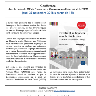 Conférence Off du Forum sur la Gouvernance d’Internet – UNESCO – Financement de l’innovation sociale avec la blockchain (à la Tour Montparnasse le 29 novembre 2018)